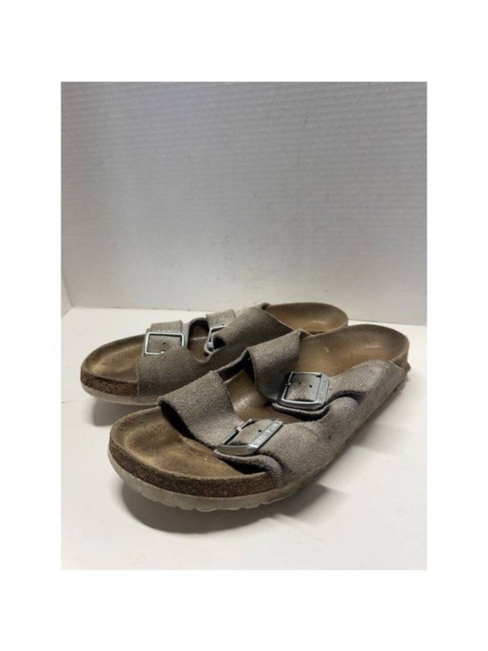 Birkenstock Arizona Suede Sandals Taupe Two Strap Slides Size 38 7.5